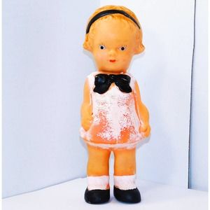 8" Vintage Rubber Girl with Pink Dress & Black Bow, Headband & Shoes